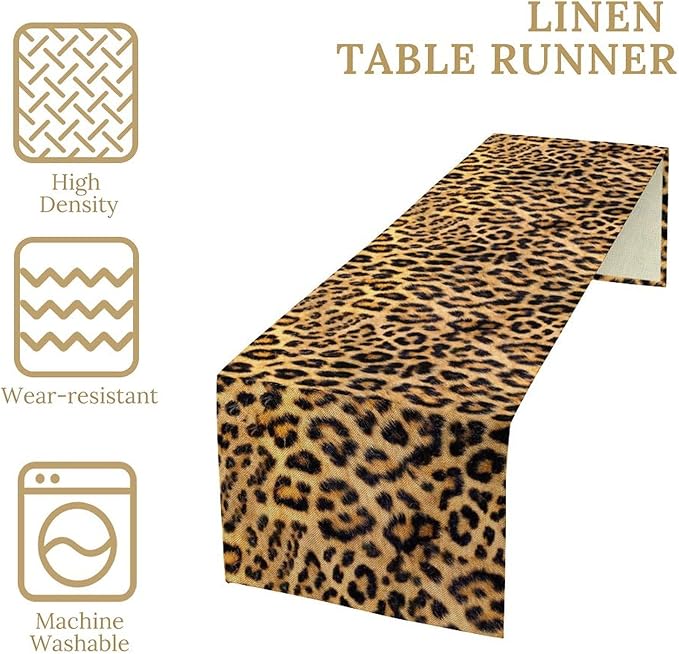 Leopard Print Dinning Table Runner, Cotton Linen Rustic Cottage Country Farm Safari Wildlife Fur Print Table Runners for Table Dresser Runner Dinning Kitchen Party Holidays Home, 13x120 Inch