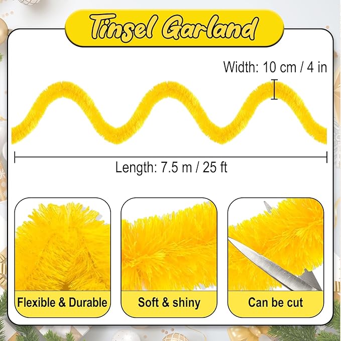 25 Feet Macaron Yellow Christmas Tinsel Garland, Metallic Foil Twist Banner Wall Hanging Tinsel Streamers Backdrop for Parade Floats, Christmas, Mother's Day, Birthday Party Decorations(4in x 25ft)