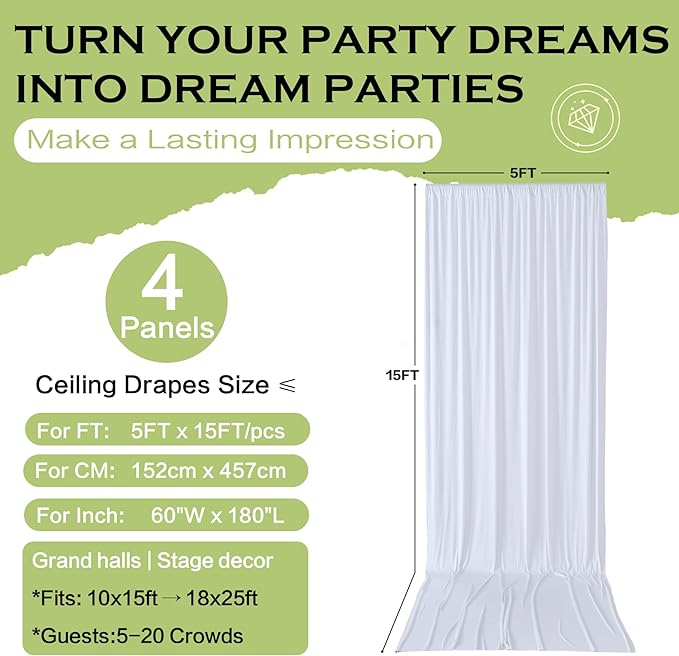 PartyVillage 20ft×15ft White Backdrop Curtain for Wedding Parties, 4 Panels Wrinkle Free 15 FT Long Polyester Photo Backdrop Drapes Back Drop Cloth for Birthday Photography Background