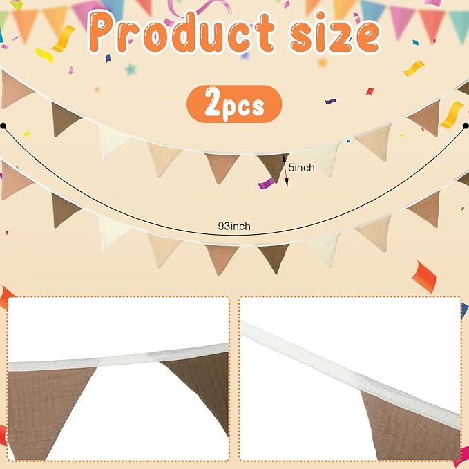 Oudain 15.5 ft Pennant Banner Flags, 2 Pcs Nursery Garland Triangle Bunting Flag Baby Banner for Nursery Decor Baby Birthday Boho Wedding Shower Party Event, Each 7.75 ft(Khaki Colors)