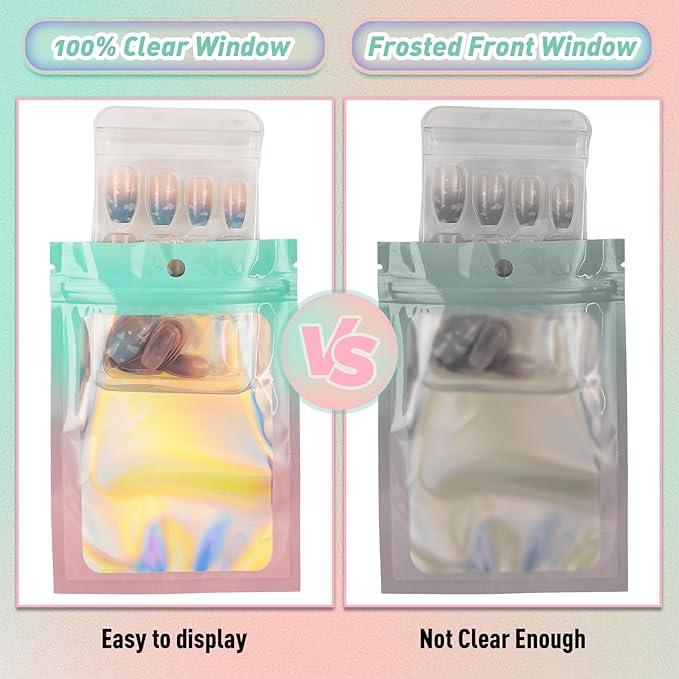 Funfery 100 Pack Gradient Holographic Bags,Mylar Resealable Bags with Zipper,Clear Window Packaging Pouchs,Smell Proof Foil Bag for Food Storage,Sample Jewelry Bag(2.7x3.9In,Green Pink)
