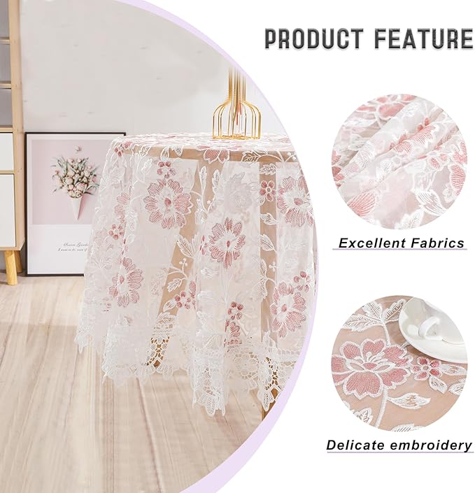Round Embroidered Lace Tablecloth Vintage Decorative Exquisite Border Table Cover for Party Wedding Home Decorations, Round-70, White