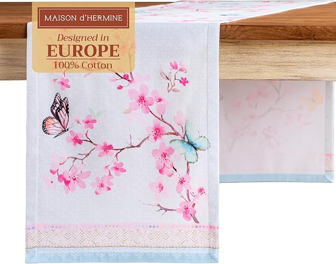 Maison d' Hermine Table Runner 100% Cotton Single Layer Table Runners 72 inches Long Decorative for Home Kitchen Dining Party Wedding Bridal Shower Spring Summer (Blossoms in Spring, 14.50" x 72")