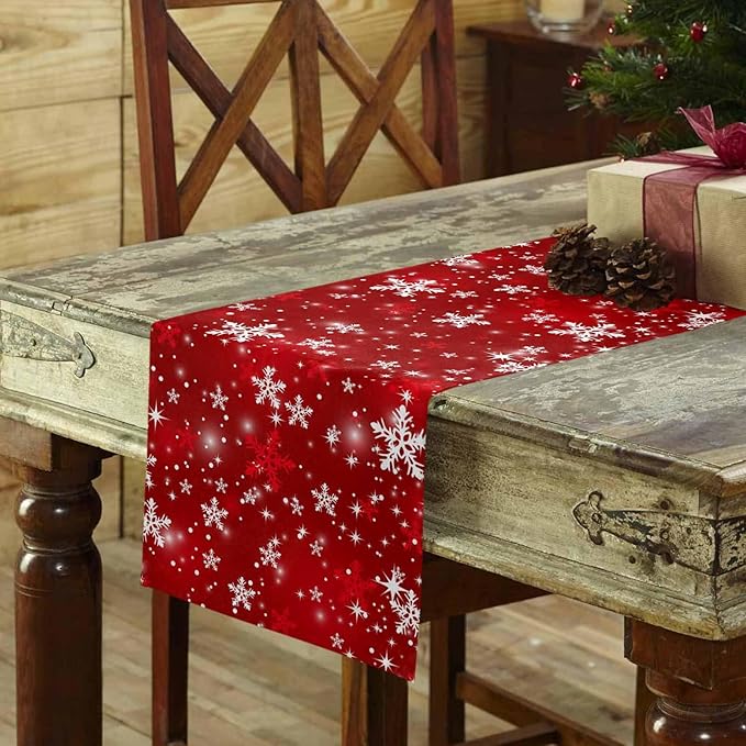 Christmas Snowflakes Cotton Linen Table Runner for Dining Kitchen, Red Xmas Winter Snow Wedding Outdoor Party Tablerunners Decoration, New Year Dresser Scarf Coffee Tablecloth Runners 13x108 Inches