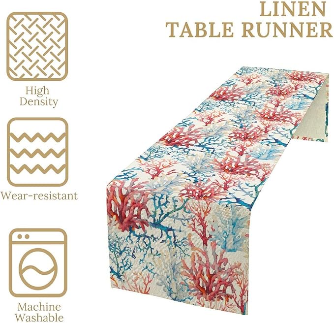 Blue Beach Table Runner, Tropical Ocean Coast Table Runner, Seashell Seasonal Nautical Restaurant Coffee Table Decorations for Home Holiday Party Indoor Outdoor 13x90 Inch