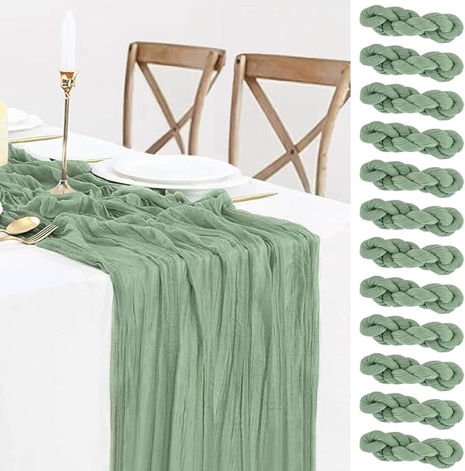 12 Pack Sage Green Table Runner Cheesecloth 35x120 Inch, 10Ft Boho Sheer Gauze Table Runner Cheese Cloth Runner for Wedding Baby Shower Fall Thanksgiving Home Decorations