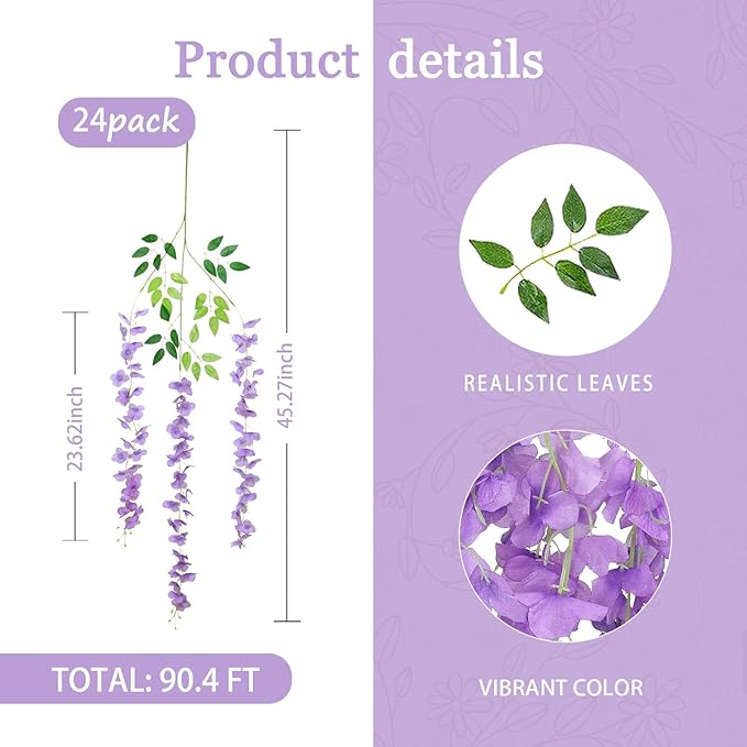 24 Pack Light Purple Wisteria Hanging Flowers Garland, 3.77 Feet Artificial Flower Vines, Fake Wisteria, Artificial Vines Hanging Garland for Backdrop Outdoor Yard Garden Decor