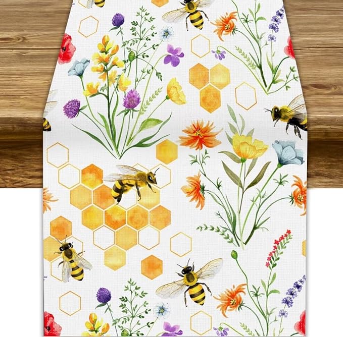 Summer Bee Table Runner, Seasonal Spring Wildflowers Bee Yellow Honeycombs Farmhouse Table Runner for Kitchen Dining Table Home Party Decor, 13x120inch