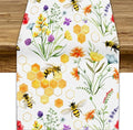 Summer Bee Table Runner, Seasonal Spring Wildflowers Bee Yellow Honeycombs Farmhouse Table Runner for Kitchen Dining Table Home Party Decor, 13x108inch