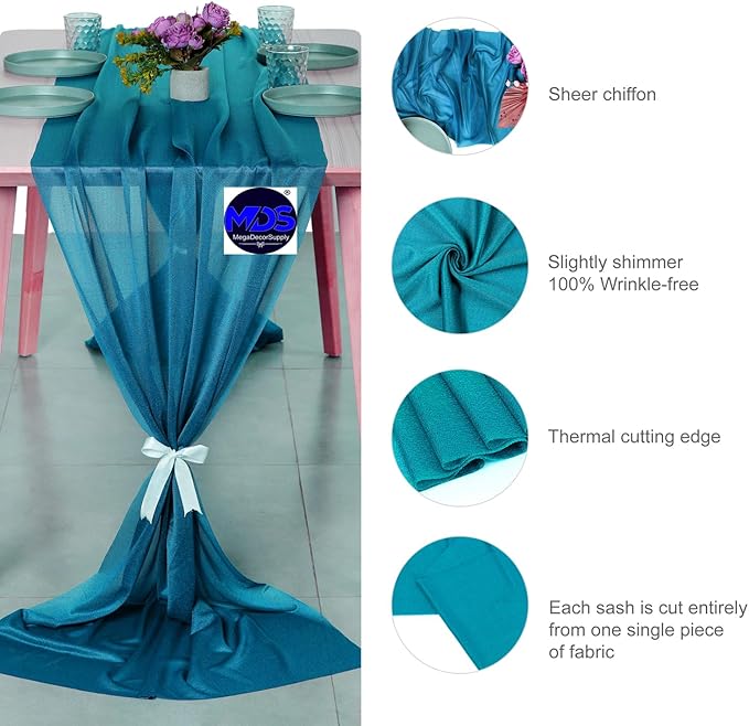 MDS 5 Pack 10ft Chiffon Table Runner 29 x 120 Inches Sheer Wedding Runner Romantic Rustic Table Runner for Wedding Decorations, Birthday Parties, Bridal Shower Party Arch Decor - Dark Teal