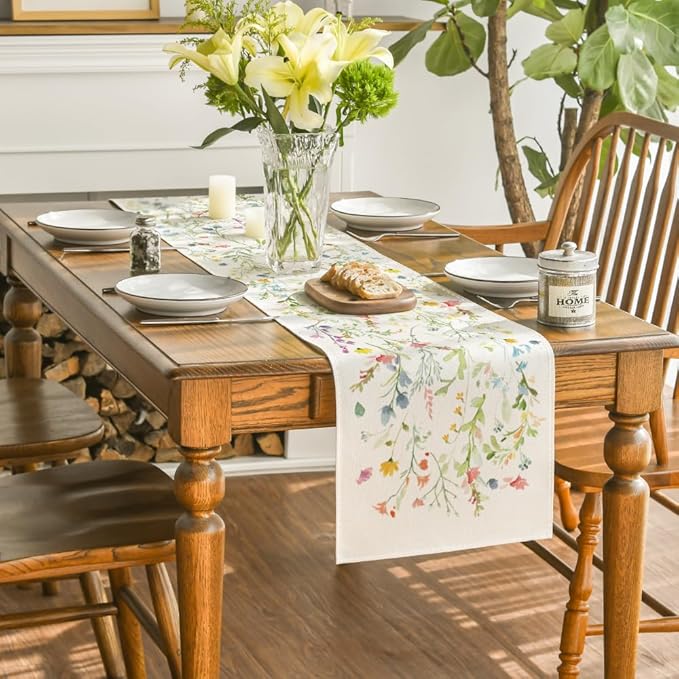 Artoid Mode Wildflowers Bloom Flowers Spring Table Runner, Seasonal Summer Floral Kitchen Dining Table Decoration for Home Party Decor 13x48 Inch