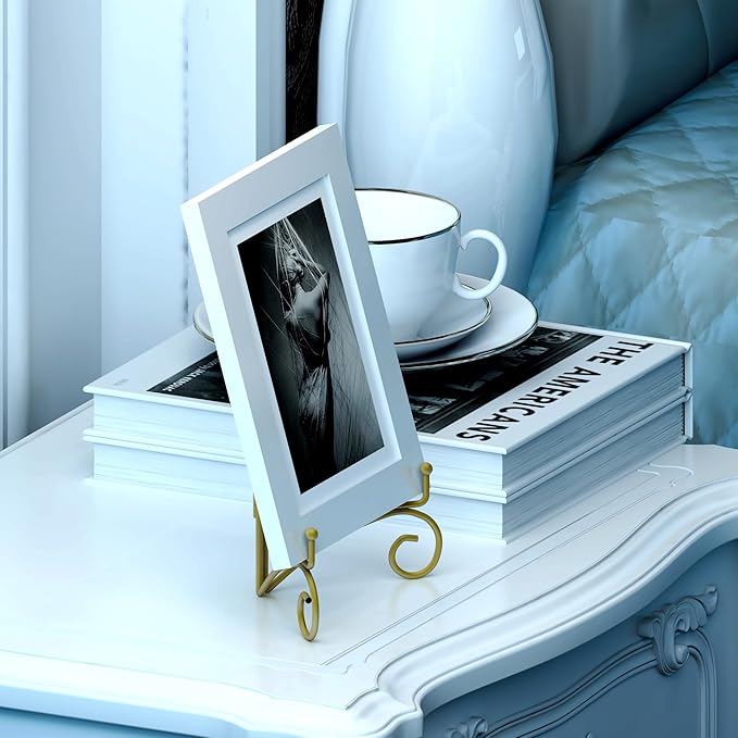 Plate Display Stands with Hinged Folding Design, 8 Inch Picture Frame Stand for Tables, Decorative Easels for Plates, Photos, Cards and Books, 8’’ Gold, 2-Pack