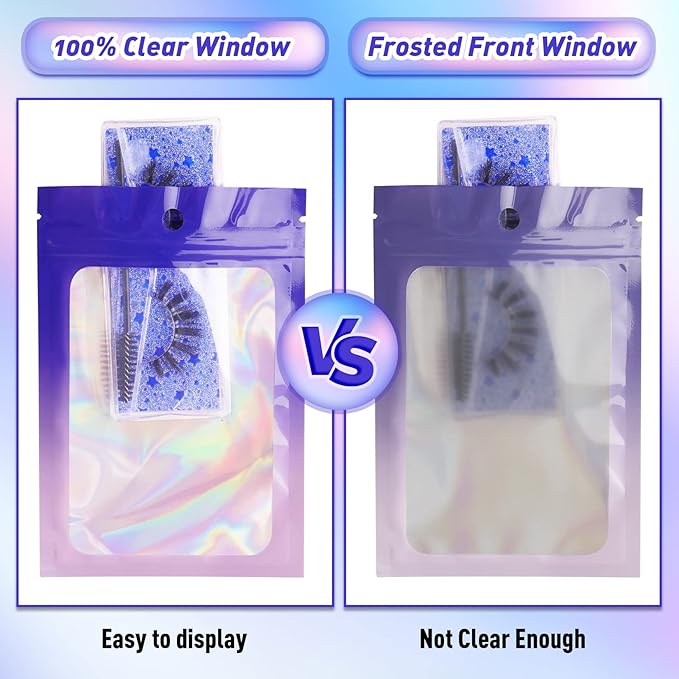 Funfery 100 Pack Holographic Bags,Mylar Resealable Bag with Zipper,Clear Window Packaging Pouch,Foil Bags for Food Storage,Sample Jewelry Baggies(4×6in,Purple Pink)