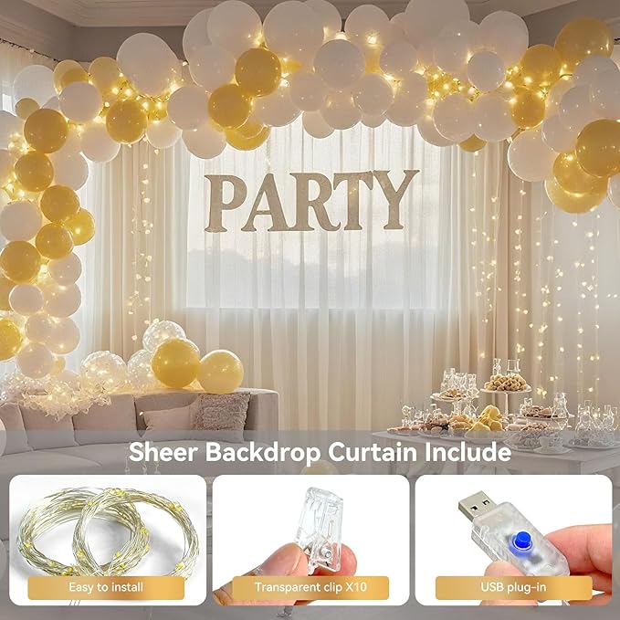Ledido 10×10ft Tulle Backdrop Curtains with Lights String - 300LED Fairy Lights Sheer Curtain Backdrop for Weddings Baby Shower and Birthday Party Decorations(8 Panels 5×10ft)