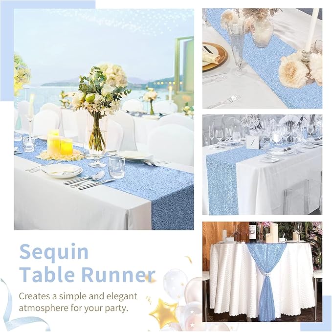 Sequin Table Runners 2 Pieces Baby Blue Table Runners 12x72 Inch Glitter Dining Table Cover for Party Wedding Birthday Reception Banquet Decoration Spring Party Chair Sashes