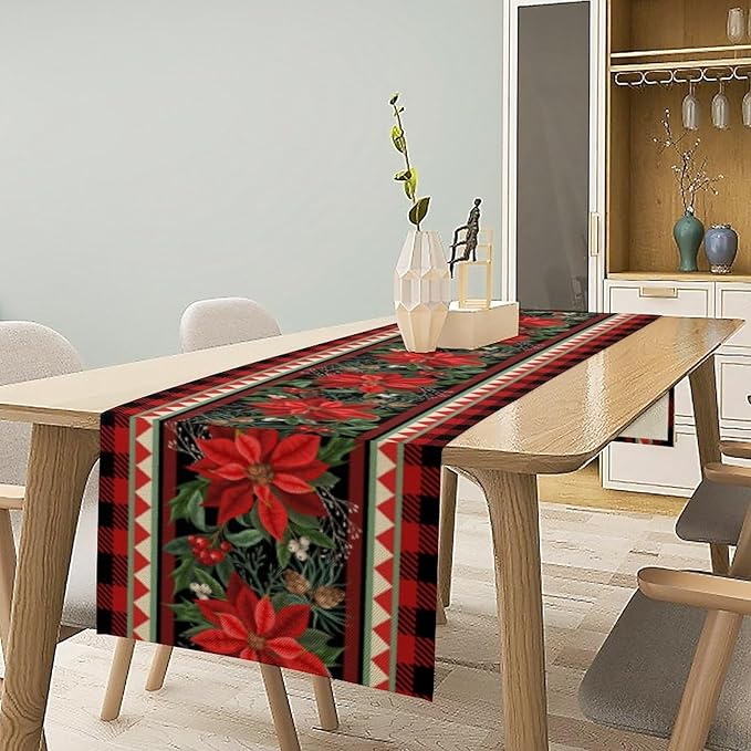 Christmas Table Runner,Seasonal Winter Xmas Holiday Plaid Table Cloth Kitchen Dining Table Decoration for Home Party Decor 13x70 Inch