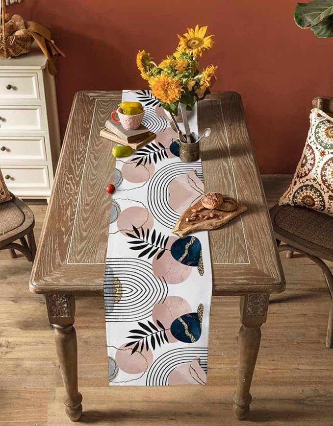 Modern Boho Cotton Linen Table Runner for Dining Kitchen, Wedding Outdoor Party Tablerunners Decoration, Abstract Bohemian Tropical Palm Leaf Dresser Scarf Coffee Tablecloth Runners 13x60 Inches