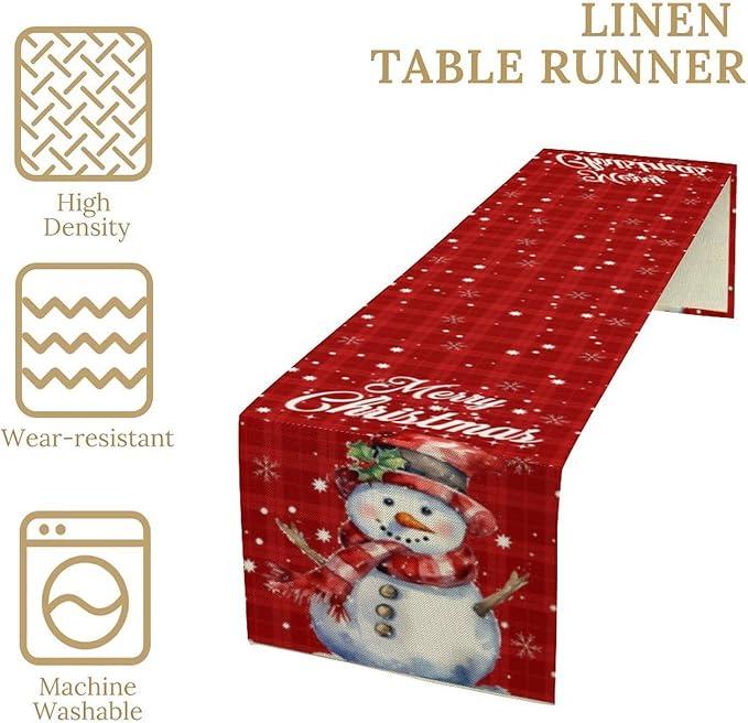 Christmas Table Runner,Christmas Snowman Snowflakes Winter Seasonal Table Cloth Kitchen Dining Table Decoration for Home Party Decor 13x70 Inch