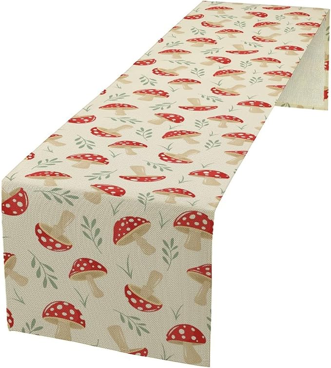Mushroom Table Runner,Vintage Plant Print Table Runner for Kitchen Dining Table Home Party Decoration 13x120 Inch