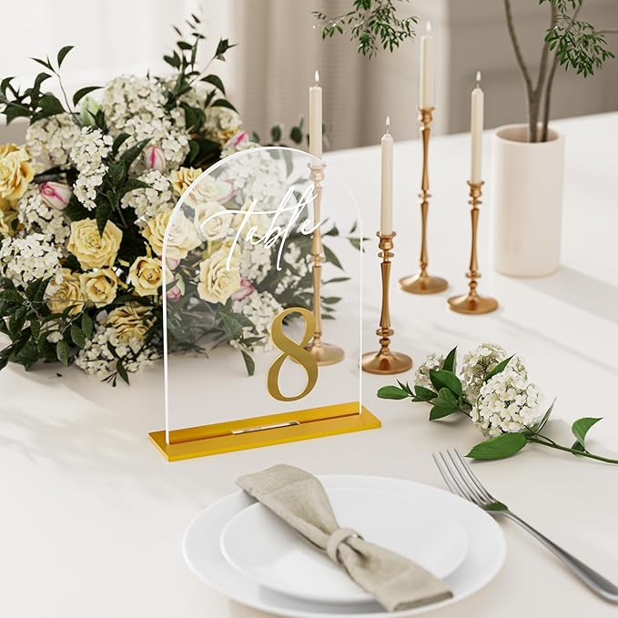 Arch Wedding Table Numbers 1-20 with Stands, Elegant Gold Number 5.5 x 7” Arch Acrylic Signs with Holder, Clear Acrylic Table Numbers for Wedding Reception, Anniversary, Party, Events
