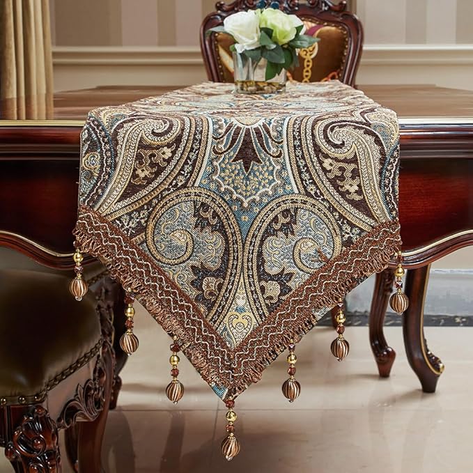 Luxury Vintage Design Table Runner 60 inches Long Embroidery Jacquard Fabric with Multi-Tassels Table Runners for Dining Room Dresser Wedding Holiday Party Fireplace Decorations (Coffee, 12X60inch)