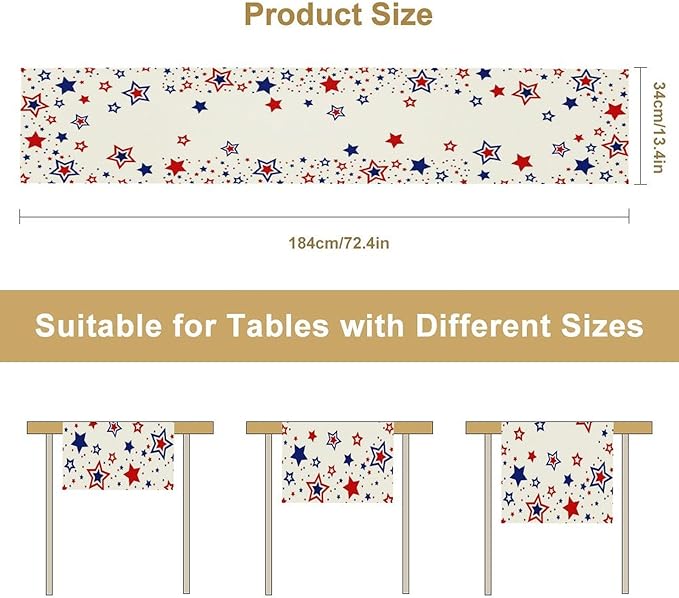 4th of July Table Runner, American Stars Patriotic Independence Day Table Runner for Indoor Outdoor Party Home Kitchen Dining Table Decor, Blue Red, 13x36inch