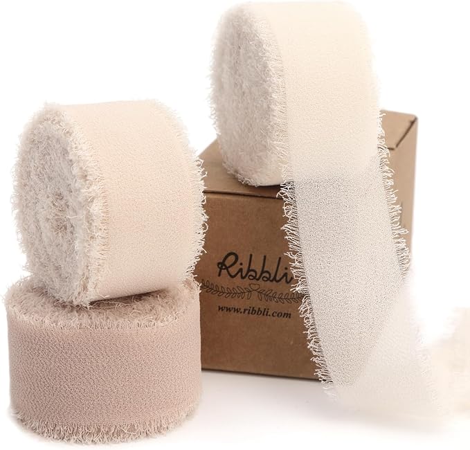 Ribbli Nude Ribbon 1 Inch x 3 Rolls Total 24 Yards Cream/Nude/Beige Handmade Fringe Chiffon Silk Ribbon for Wrapping Wedding Invitations Bridal Bouquets DIY Crafts Home Decor
