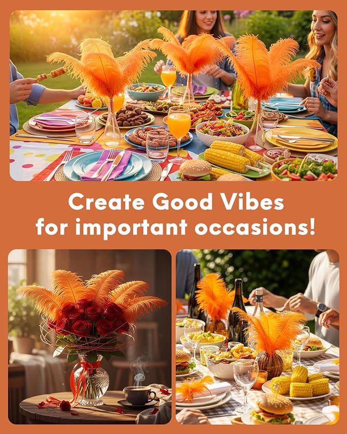 NEWONG 30pcs Orange Ostrich Feathers Natural Bulk 8-10in（20-25cm） Vase Craft Wedding Home Party Centerpieces Christmas Day Decoration