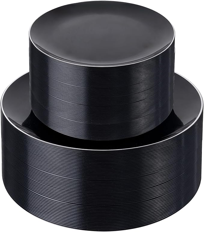 bUCLA 100PCS Black Plastic Plates - Heavy Duty Black Disposable with Silver Rim Include 50 Each (10 inch Dinner & 7 inch Dessert) Plates, Ideal for Party & Halloween