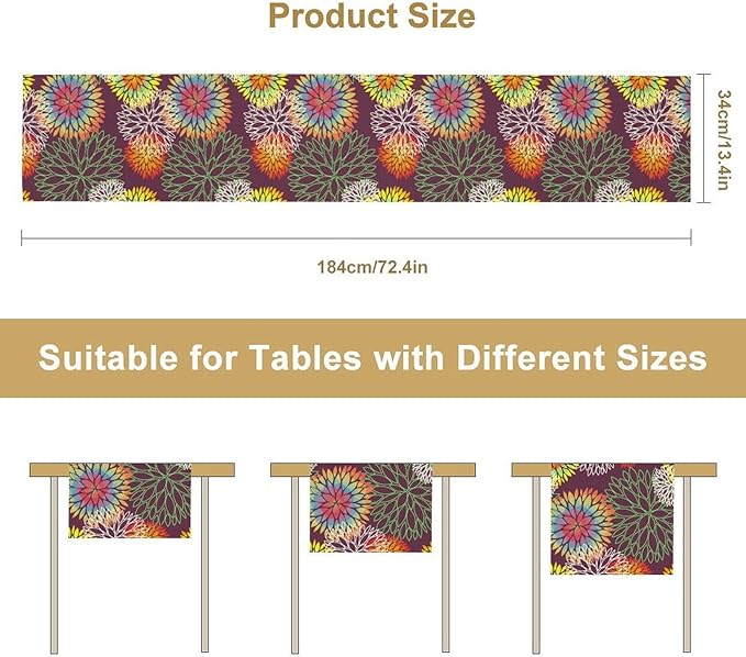 Brown Dahlia Flower Table Runner, Linen Geometric Pattern Floral Table Decor Spring Farmhouse Decorations for Kitchen Dining Holiday Party Decor, 13x108 Inch