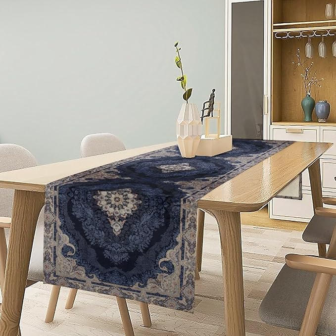 Vintage Boho Floral Table Runner, Rustic Country Farmhouse Dark Blue Grey Retro Flower Pattern for Home Kitchen Table Decor Dining Coffee Room Party Decor 13x108in
