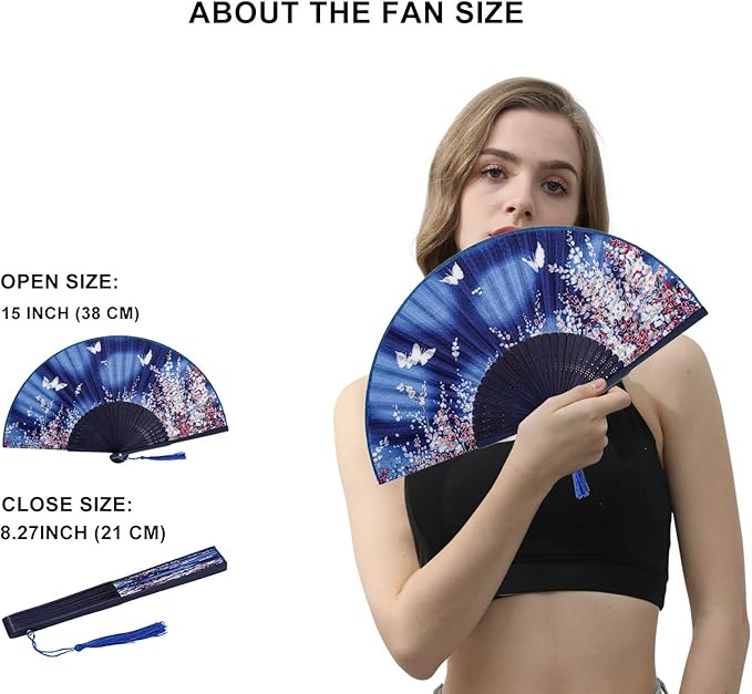 Amajiji 8.27"(21cm) Hand Held Bamboo Silk Folding Fan Hand Fan,Chinese/Japanese Charming Elegant Vintage Retro Style,Women Ladys Girls Best Gifts (Blue Butterfly)