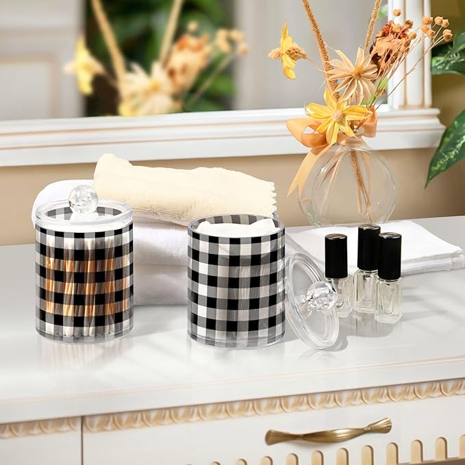 Gredecor Qtip Holder Dispenser 4 Pack Black White Classic Buffalo Plaid Apothecary Jars with Lids Bathroom Vanity Countertop Canister Storage Organizer for Cotton Ball,Swabs,Pads,Floss