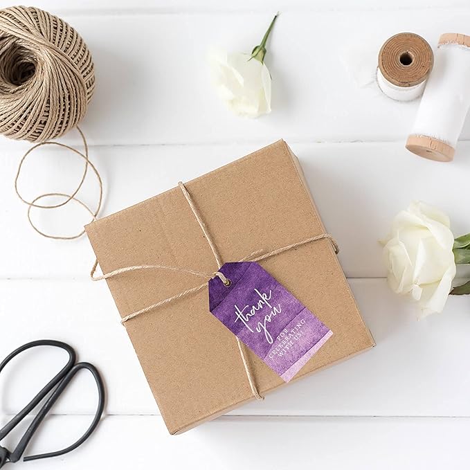 Andaz Press 100-Pack Thank You for Celebrating with Us Favor Tags Purple Watercolor Cardstock Gift Tags with Bakers Twine for Wedding Baby Shower Bridal Shower Birthday Party Favors 2 x 3.75-Inches