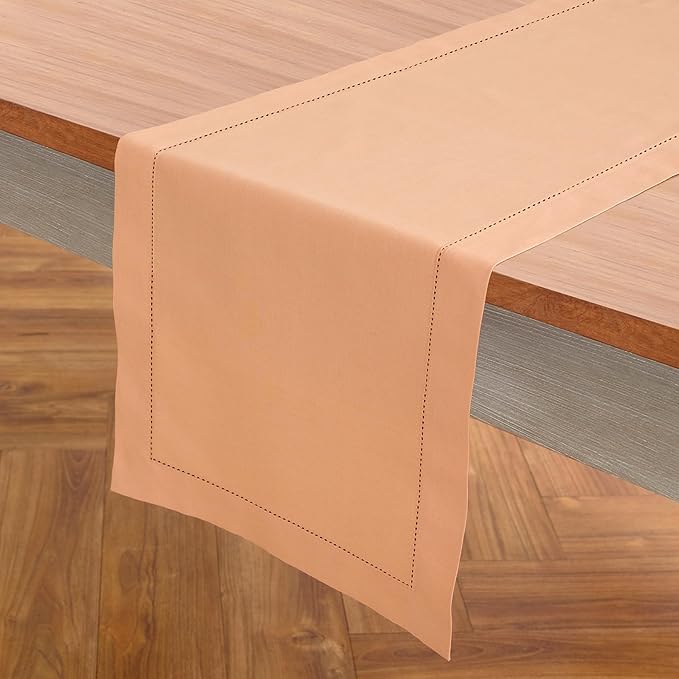 Solino Home Cotton Linen Table Runner 90 Inches Long - Hemstitch Peach Bloom Dining Table Runner 14 x 90 Inch