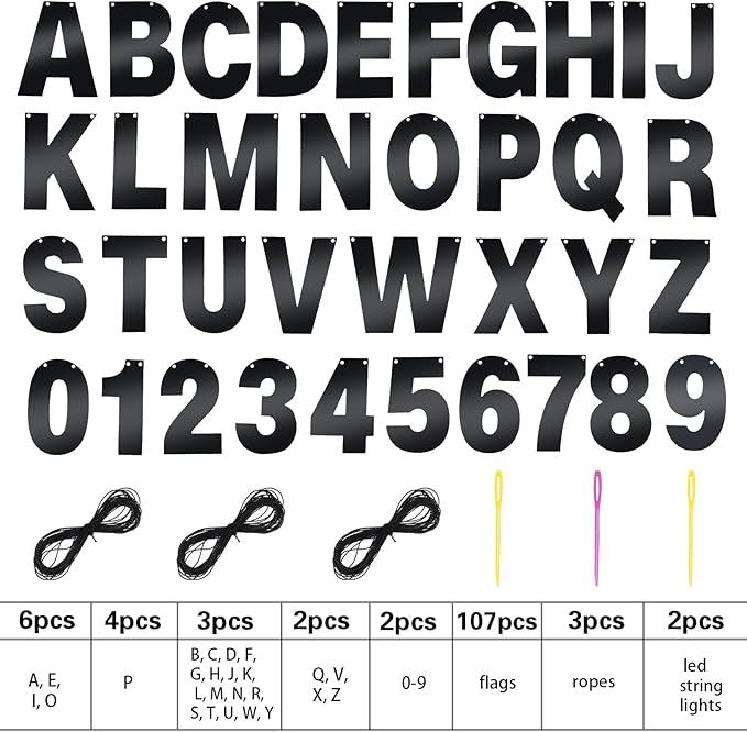 TaoBary 112 Pcs DIY Letter Kit Glitter Customizable Banner Letters Include 107 Letters and Numbers 3 Rope and 2 Needles for Birthday Halloween Christmas Wedding Valentine Party Decor(Bright Black)