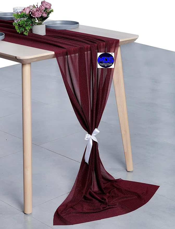 MDS 25 Pack 10ft Chiffon Table Runner 29 x 120 Inches Sheer Wedding Runner Romantic Rustic Table Runner for Wedding Decorations, Birthday Parties, Bridal Shower Party Arch Decor - Burgundy
