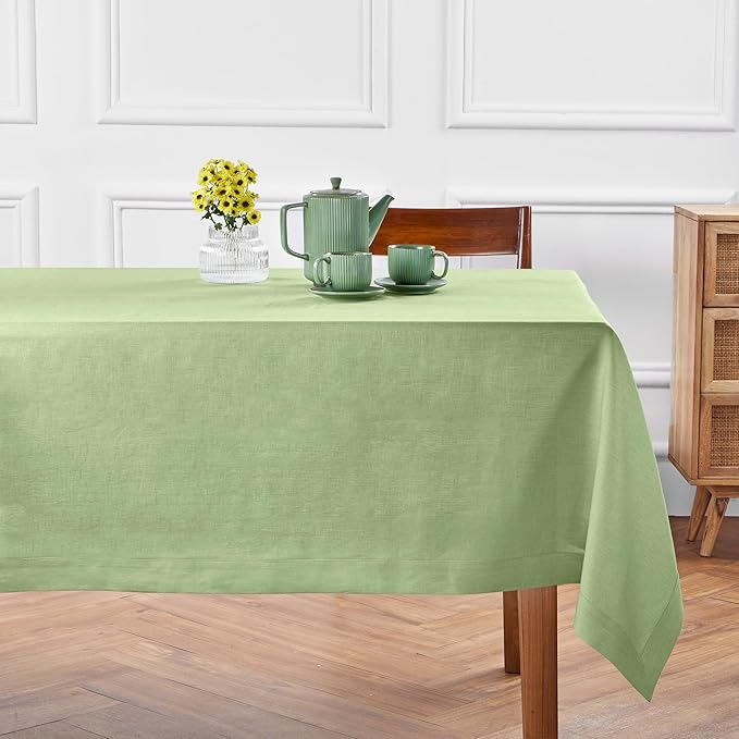 Solino Home Linen Tablecloth 60 x 108 Inch - 100% Pure Linen Laurel Green Table Cloth for Rectangle Tables - Fete, Machine Washable Tablecloth for Fall, Autumn, Thanksgiving