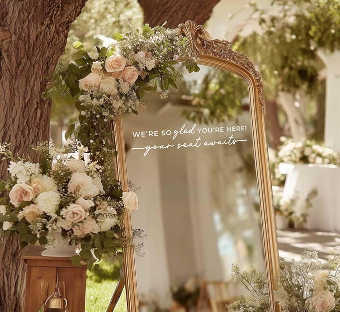 Wedding Sign Decal, Seating Chart Decal, Welcome Vinyl Wedding Mirror Decor, We're So Glad You're Here Seating Chart, Your Seat Awaits (White, Width 20 inch)