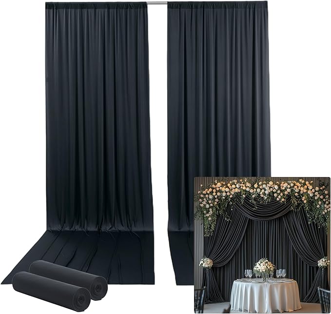 10ftx15ft Wrinkle Free Black Backdrop Curtain, 2 Panels 15FT Height Black Wedding Backdrop Drapes, Silky Polyester Back Drop Cloth for Birthday Photography Background Party Backdrop Draping