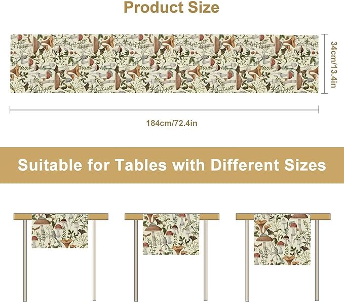 Mushroom Table Runner,Vintage Forest Flower Plant Print Table Runner for Kitchen Dining Table Home Party Decoration 13x36 Inch