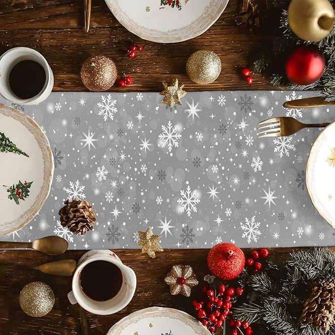 Christmas Snowflakes Cotton Linen Table Runner for Dining Kitchen, Xmas Tree Snow Winter Wedding Outdoor Party Tablerunners Decoration, Grey Balls Dresser Scarf Coffee Tablecloth Runners 13x108 Inches