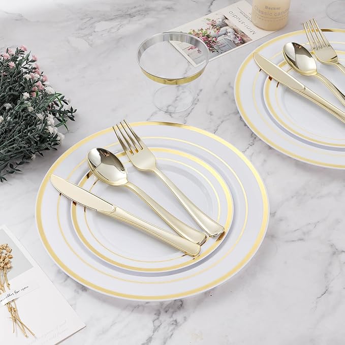 BESTVIP 150PCS Plastic Dinnerware Set (25 Guests), Gold Disposable Plates for Party, Wedding, Christmas, Anniversary, Includes: Dinner Plates, Dessert Plates, Cups, Spoons, Forks and Knives