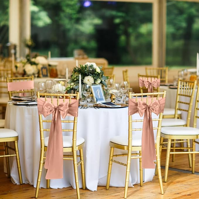 10 PCS Rose Gold Satin Chair Sashes Bows Universal Chair Ribbon Ties Back Sash for Wedding Party Reception Events Banquets Hotel Event Chair Cover Decoration (7x108 inch)