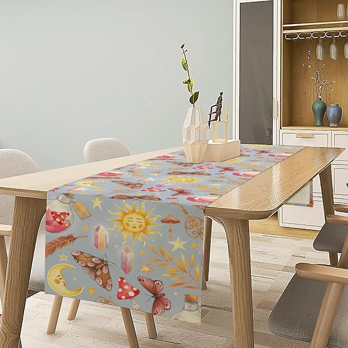 Boho Sun Moon Table Runner Mystical Rustic Butterfly Mushroom Star Table Runner for Kitchen Living Room Dinner Holiday 13x70 Inch