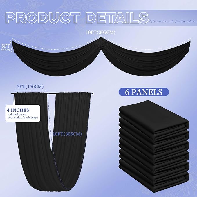 6 Panels Black Ceiling Drapes for Wedding 5ftx10ft Ceiling Drapes Wedding Arch Draping Fabric Cheesecloth Sheer Curtain Romantic Ceiling Decorations for Weddings Party Banquet Ceremony Stage