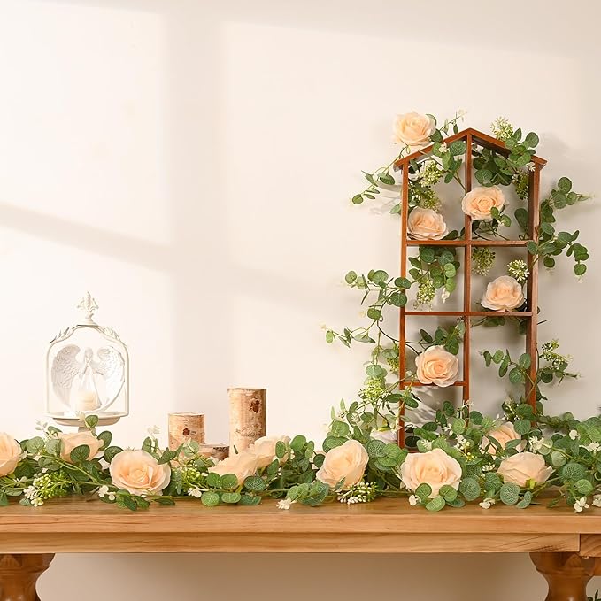 Dolicer 2Pcs 13Ft Artificial Eucalyptus Garlands with Flowers - 8 Roses, Faux Floral Greenery Garlands Fake Flowers Vines for Wedding Table Centerpieces Arch Party Ceremony Backdrop Decor (Champagne)