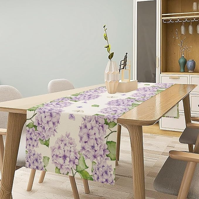 Watercolor Hydrangea Flower Table Runner, Spring Summer Seasonal Plants Butterfly Pink Lavender Dinner Runner for Home Kitchen Dining Table Party Holiday Decoration 13"x70"