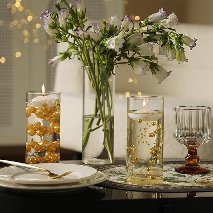 Set of 4 Pcs Glass Cylinder Vases for Centerpieces with 6 Pcs White Floating Candles for Centerpieces Glass Candle Holder for Table Shelf Wedding Party Home Decor (S+M+L+XL)