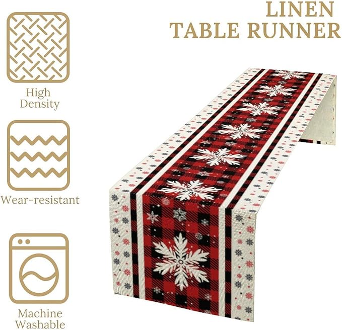 Snowflakes Christmas Table Runner,Red Buffalo Plaid Seasonal Winter Kitchen Dining Table Decoration for Home Party Decor 13x36 Inch